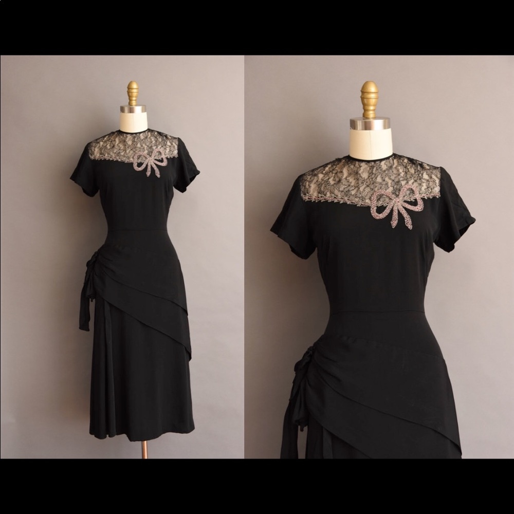 Vintage 40s black rayon beaded cocktail dress S